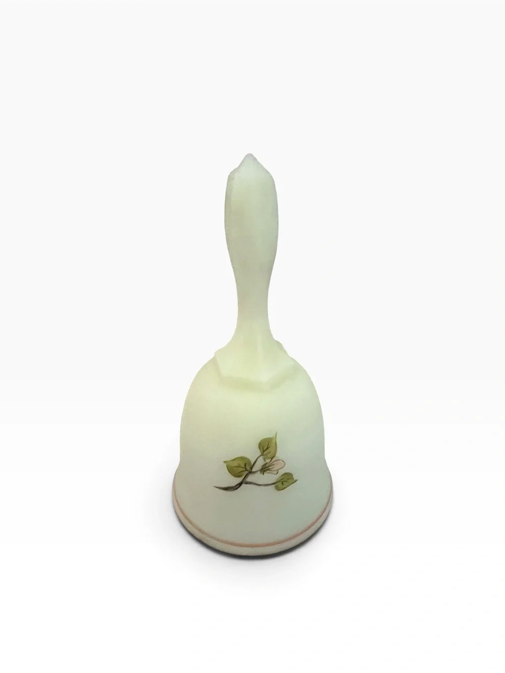 Vtg Fenton Art Glass Vaseline Bird Bell Signed by Kay Cunningham Mothers Day ‘80